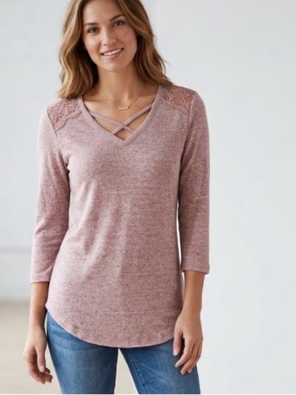 Bobbie Brooks Soft Pink V-Neck Lace Back Lightweight 3/4 Sleeve Sweater szM EUC